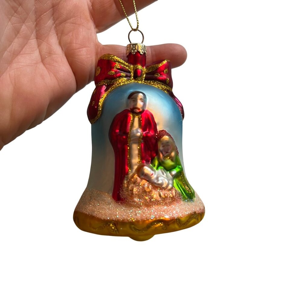 Hand-Painted Blown Glass Nativity Scene Christmas Bell Ornament